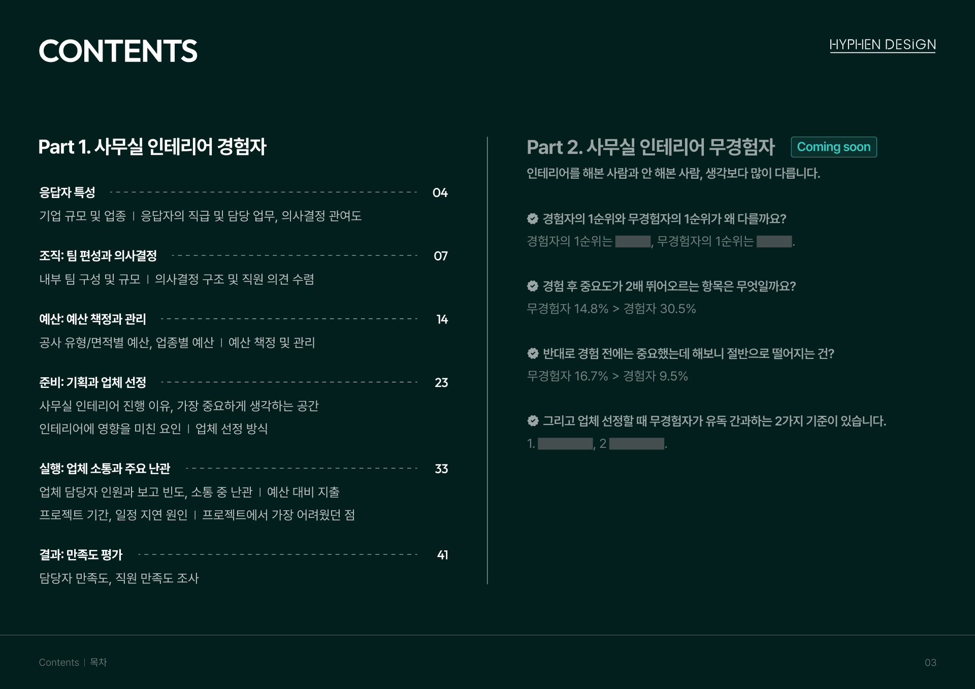 하이픈디자인 사무실 인테리어 리포트 목차, 경험자와 무경험자 파트로 구성된 예산·업체선정·만족도 조사 안내.jpg
