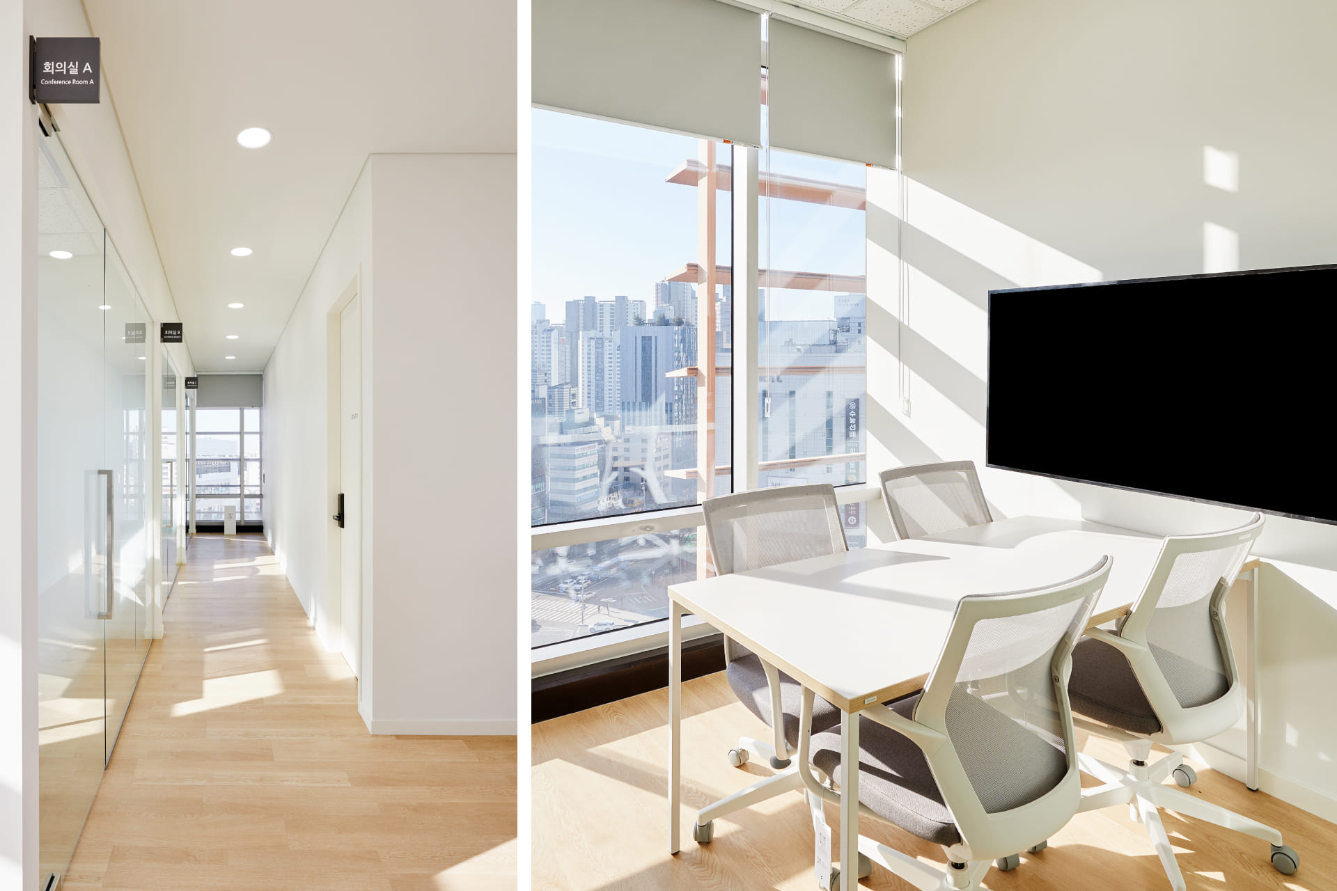회의실 A 입구 복도와 대형 TV 모니터 및 화이트 테이블이 설치된 소규모 미팅룸 내부.jpg