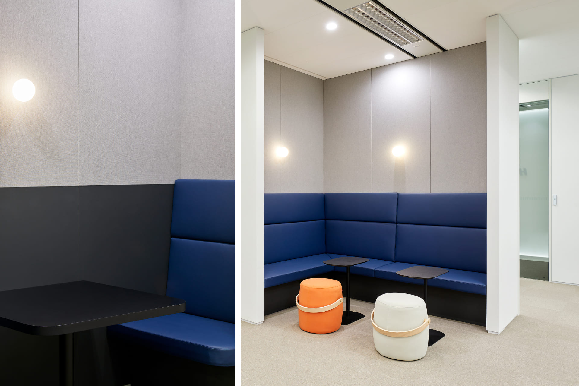 블루 컬러의 붙박이 소파와 오렌지색 스툴로 포인트를 준 편안한 분위기의 사내 휴게 라운지.jpg