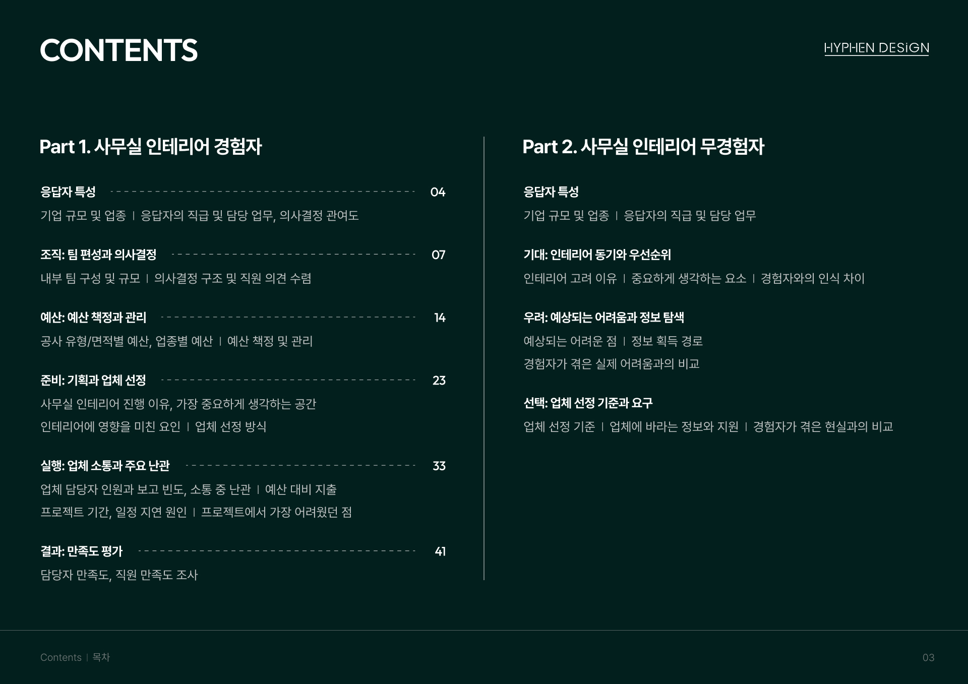 하이픈디자인 사무실 인테리어 설문조사 리포트 목차, 경험자와 무경험자 파트 구성 및 주요 분석 항목 안내.jpg