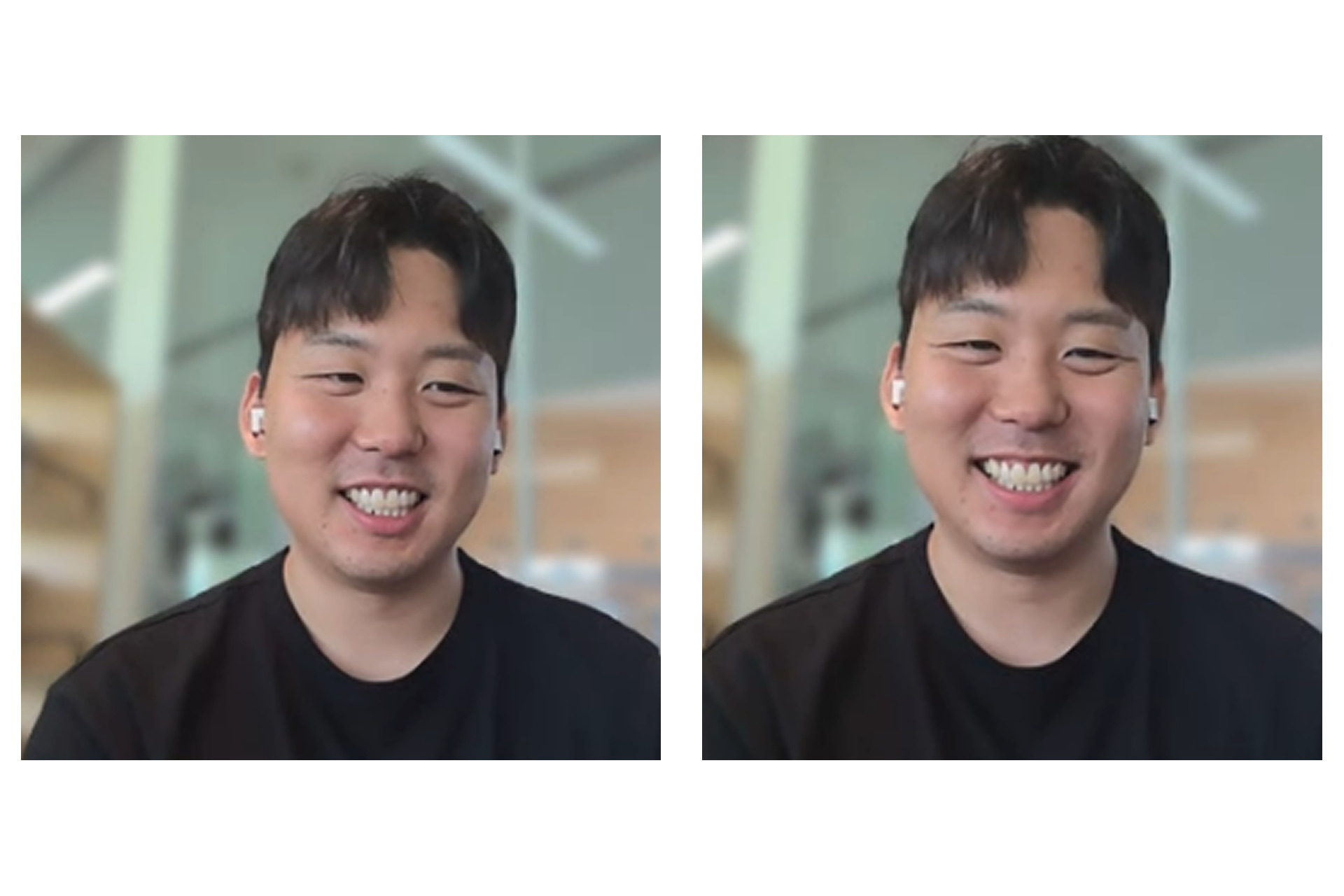오피스 인터뷰 화면에서 무선 이어폰을 끼고 밝게 미소 지으며 대화하는 남성 직원의 모습.jpg